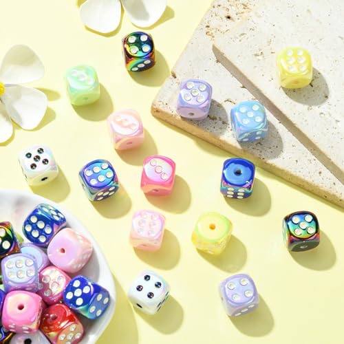 UR URLIFEHALL 50 Pcs Rainbow Iridescent Acrylic Dice Beads Colourful Square Spacer Beads for Jewellery Making Hairband Crafts Decoration - Image 4