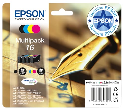 Epson Original 16 Tinte Füller (WF-2630WF, WF-2650DWF, WF-2660DWF, WF-2750DWF, WF-2760DWF), Multipack 4-farbig