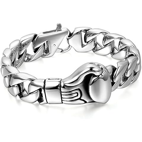 JewelryWe Mens Stainless Steel Boxing Glove Link Bracelet Silver Polished Cover