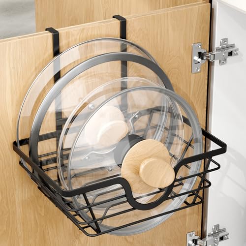 TIDIIABODE Pan Lid Holder for Cupboard Kitchen Cupboard Organiser Inside Cabinet Door Adjustable Saucepan Lid Storage Rack for Pot Lids Chopping Boards Baking Trays Black