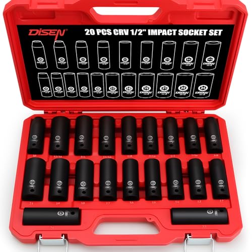 Image of DISEN 20PCS 1 /2 inch Impact Socket Set, Deep Sockets SAE 13 /16 inch-3 /8 inch & Metric 10-24mm, 6-Point Cr-V & Alloy Steel, 1 /2 Inches Drive Impact Socket Set,Rugged Construction, Enhanced Storage Case
