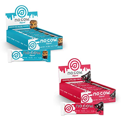 No Cow High Protein Bars, Chocolate Salted Caramel 12 Pack + Chocolate Sea Salt 12 Pack, 21G Plant Based Vegan Protein, Keto Friendly, Low Sugar, Low Carb, Low Calorie, Gluten Free #TOP28
