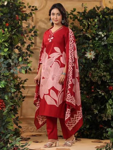 Varanga Bold Floral Printed V Neck Embroidered Kurta With Trouser & Dupatta