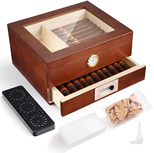 Glass Top Cedar Humidor with Front Hygrometer, Humidifier, Divider, and Accessory Drawer, Desktop Cedar Wood Cigar Box Holds 20-30 Cigars, Cigar Accessories for Men