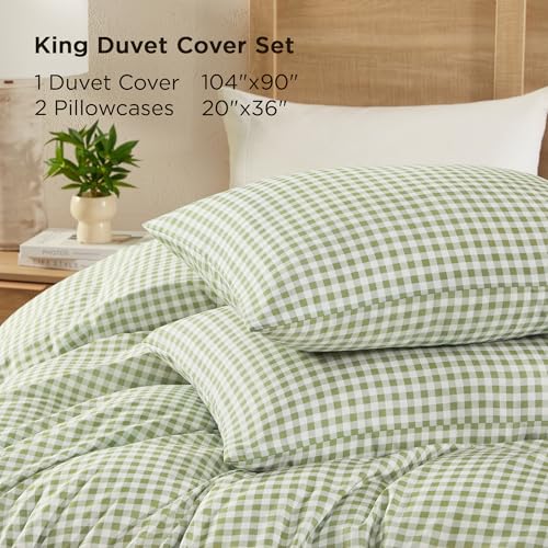 Image of Andency Gingham Duvet Cover King Size, Sage Green Checkered Plaid Bedding Set, 3 Pieces Soft Prewashed Polyester Comforter Cover with Zipper Closure & Corner Ties