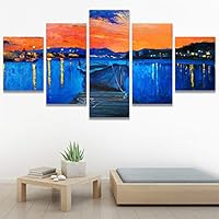 SIGNWIN 5 Panel Canvas Wall Art Rich Golden Sunset Over Ocean Modern Impressionism Boats in Sea for Home Decorations Ready to Hang - 60