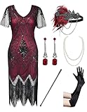 866A - Plus Size 1920s Vintage Fringed Gatsby Sequin Beaded Tassels Hem Flapper Party Prom Cocktail Dress with Accessories (Red Black with Accs, 4X)