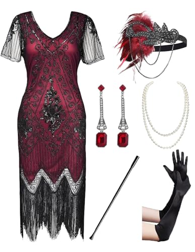 Image of 866A - Plus Size 1920s Vintage Fringed Gatsby Sequin Beaded Tassels Hem Flapper Party Prom Cocktail Dress with Accessories