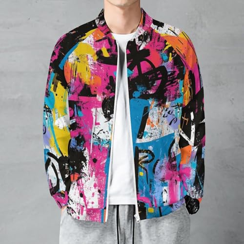 Bomber Jackets for Men 2025 Graffiti Print Long Sleeve Windbreaker Casual Full Zip Novelty Lightweight Varsity Jackets2