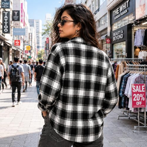 Image of Women's Casual Shirt, Cotton, Black and White Plaid