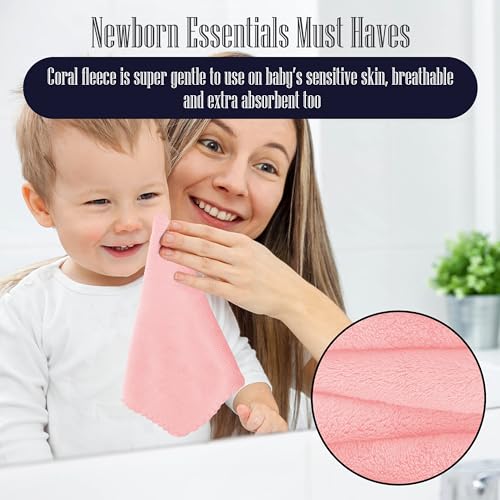 Image of 32 Pack Baby Washcloths - Luxury Coral Fleece - Extra Absorbent and Soft Wash Clothes for Newborns, Infants and Toddlers - Suitable for Sensitive Skin and New Born - Baby Shower - Pink, 10x10 Inch