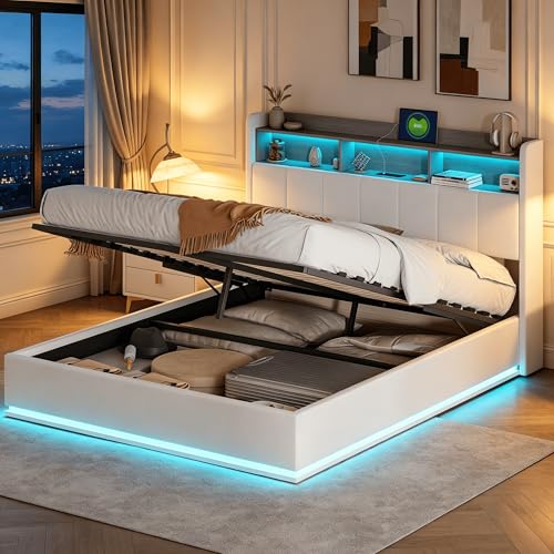 HYNHXBP Lit Coffre 140x190cm avec Sommier, Lit Double avec LED, Tête de Lit avec Rangement, Prises EU et USB, Grand Coffre Hydraulique, Velours Blanc, pour...