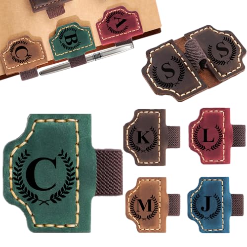 Image of Custom Bookmark with Pen Holder with 26 Letters Personalized Magnetic Leather Book Mark, Customized Name Book Marker Clip with Initial for Men Women, Gifts for Book Lovers, Readers, (Green, C)