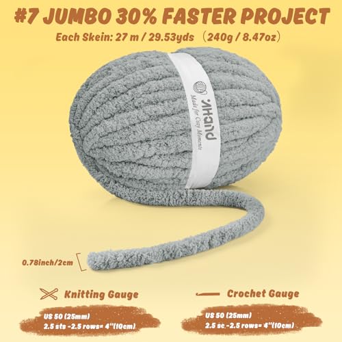 Image of Inhand Chunky Chenille Yarn for Hand Knitting,Thick Bulky Blanket Yarn for Crocheting,Soft Fluffy Yarn for Crochet Birthday Gifts for Men /Women /Beginners,12 Pack (29.5Yds /8.4oz Each),Frost Gray