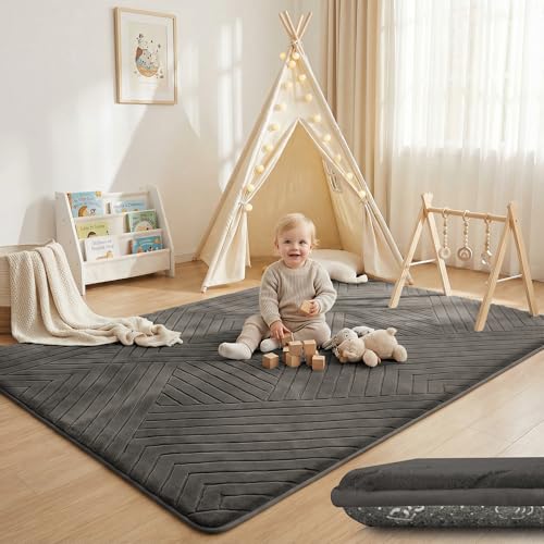 Image of Baby Play Mat for Floor 1.3 inch Thick Foam Padded Area Rug 59 inchx79 inch(Dark Grey) | Ultra Soft Kids Rug for Living Room Bedroom, Non-Slip Nursery Crawling Mat for Toddlers
