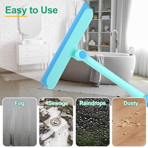 Image of uxcell 8.7 Inch Shower Squeegee for Glass Doors, 2 Side Bath Squeegee 360-degree Rotatable Squeegee with Sponge Strips Replacement for Window Cleaning Bathroom Mirror Car Glass, Blue