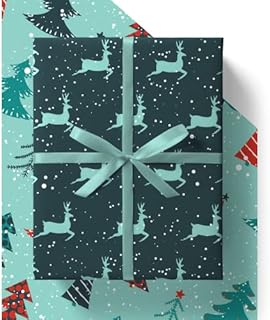 EcoWrap Christmas Wrapping Paper and Tags - Eco Friendly Premium Recyclable 84cm x 60cm Reindeer & Xmas Tree Gift Wrap in Plastic Free Packaging (8 Sheets & 8 Tags)