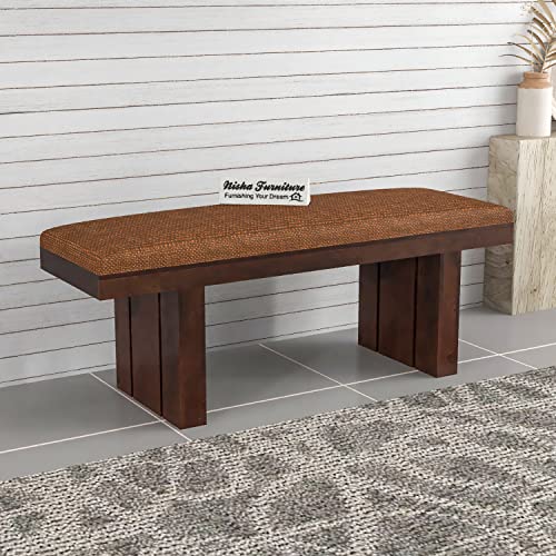 Image of Solid Wood 2 Seater Bench for Living Room, Office | Sheesham Wooden 2 Seater Dining Bench with Upholstery | Wooden Bench for Balcony, Outdoor Sitting in Walnut Finish