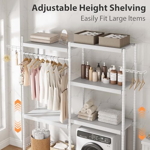 GarveeHome 28" Over-The-Washer Dryer Shelf - 5-Tier Adjustable Laundry Organizer with Double Wood Shelves, Space-Saving Storage for Bathroom, Laundry Room, Balcony, White