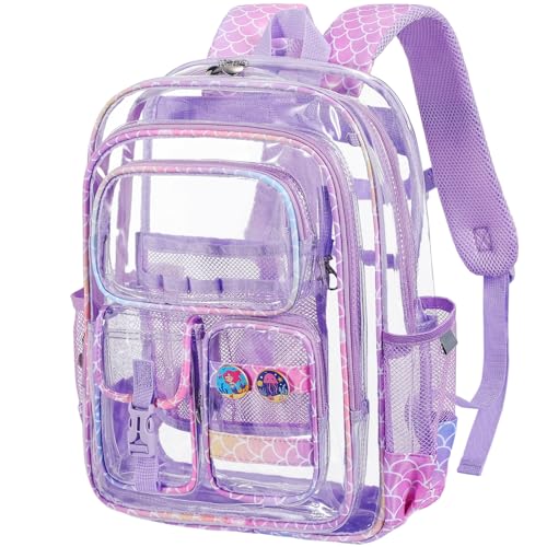 Image of Mermaid Clear Backpack for Girls, 17 Inch Heavy Duty Transparent School Bookbag for Kids with Pencil Case & Cute Accessories