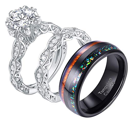 Wuziwen 4ct Cubic Zirconia Simulated Diamond Wedding Engagement Ring Sets Sterling Silver Size 5 Tungsten Carbide Wedding Ring Nature Wood & Colorful Opal Inlaid Engagement Bands Size 10