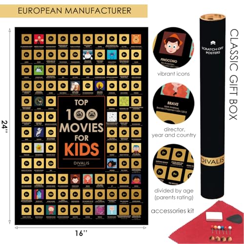 Image of Scratch off Kids Movies Poster - Top 100 Kids Bucket List Map - Large Scratchable Children Cinema Poster - Essential Films Must See Watchlist Chart - Ultimate Movies Watched Challenge Poster Checklist
