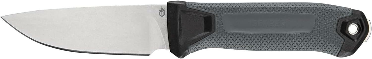 Gerber Gear Strongarm Camp - Fixed Blade Camping Knife for Controlled Cuts For First Aid Or Cutting Rope Made With 420HC Full Tang Plain Edge Blade And Diamond-Textured Grippy Handle-Made in USA- Gray