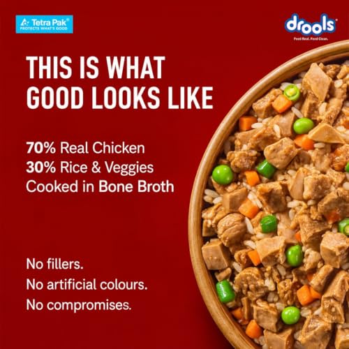 Image of Drools Dog Fresh Food Tetra Pak Real Chicken Biryani, for Adult & Puppy, 150g | High Protein, 90% Real Meat | No Preservatives | Retains Freshness & Flavours | Ready to Serve | One Pack Per Meal