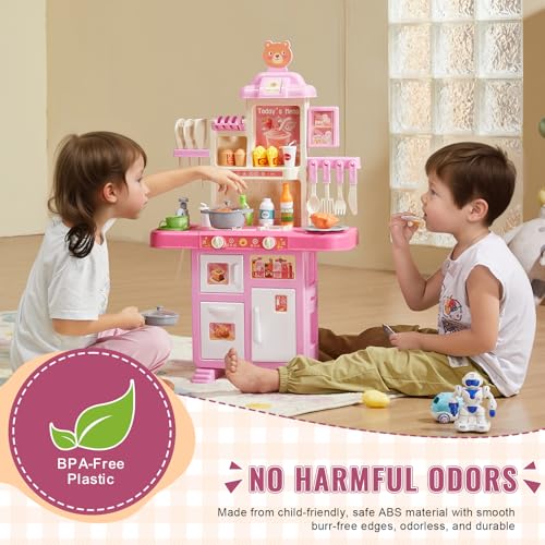 Image of VEVOR Kids Kitchen Playset 48PCS, Pretend Play Kitchen with Cooking Stove with Steam, Sounds and Lights, Play Sink and Play Food, Toy Kitchen Set for Toddlers (Pink) Size 18.5 inch x 9.4 inch x 30.7 inch