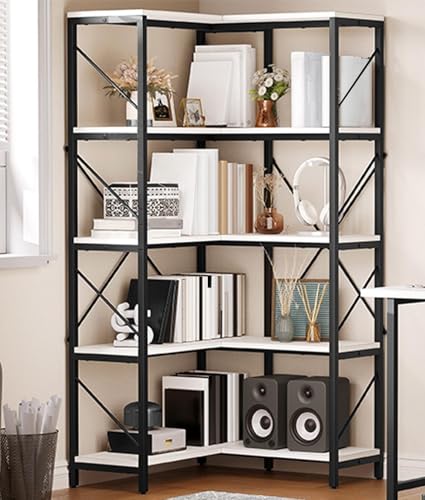 YITAHOME Corner Bookshelf, 5-Tier L-Shaped Bookshelf Storage Organizer, Tall Open Display Freestanding Storage Rack Corner Shelf for Living Room, Home Office, White