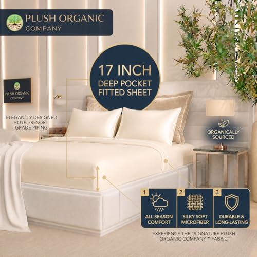 Image of Queen Luxury 4 Piece Bedsheet Set, Ivory with White Piping, Cooling Resort Bedding, Deep Pockets, Ultra Soft, Viscose derived from Bamboo, Organically Grown, 300 Thread Count