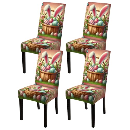 Image of Nuxovilar 4PCS Basket Bunny Design Milk Silk Stretchy Chair Covers | Stretch Slipcover Cute Protector Bunny Wrap Seat Guard Dining Room Family Brunch Kitchen Room (Basket Bunny)
