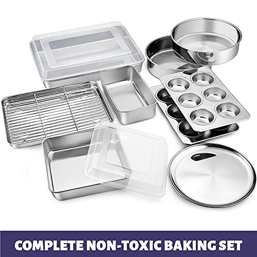 12-Piece Stainless Steel Baking Pans Set, P&P Chef Kitchen Bakeware Set, Include Baking Sheet With Rack, Round/Square Cake Pan, Lasagna Pan, Loaf Pan, Muffin Pan, Pizza Tray & 2 Covers, Durable #TOP6