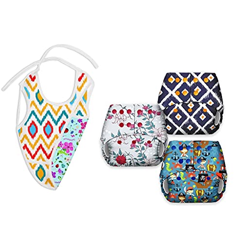 Image of SuperBottoms BASIC Baby Combo - ASSORTED PACK OF 3 Adjustable, Washable and Reusable Freesize Cloth diaper for babies shell WITHOUT inserts /soakers(Fits babies from 5-17kgs)+ 1 Reversible waterproof Bib