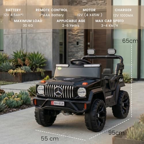Image of Baybee Zenvor Battery Operated Jeep for Kids with Parental Remote Control | Kids Electric Battery Car with 4x4 Motors, RGB Lights & Music | Rechargeable Electric Car for Kid Aged 2-6 Years (Black)