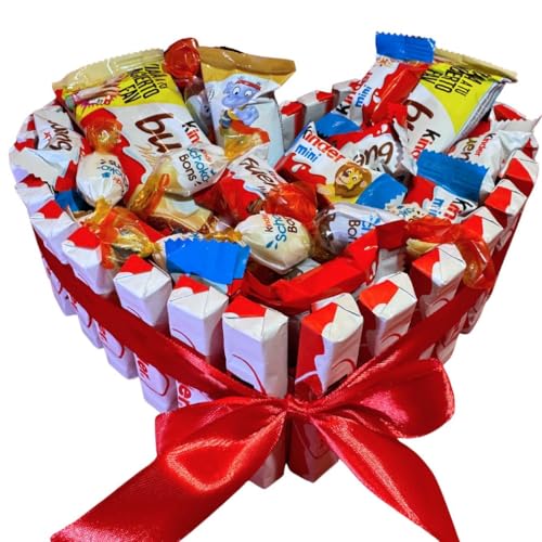 Donda's House® Cesta Kinder. Tarta Kinder. Corazon HAPPY HIPPO. Regalo origonal pareja. Kinde Bueno. Chocolatinas. Contiene 50 Piezas. Corazon de Chocolate. Schokobons.