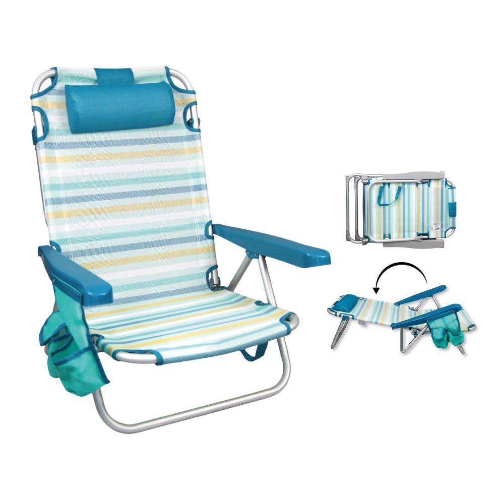 Silla Playa Plegable multiposición - con reposacabezas, Almohadilla y Bolso Lateral - Estructura de Aluminio Ligera y Tela Transpirable - Asas de Mano integradas
