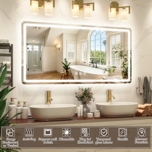 Image of 60 inch x 30 inch Led Bathroom Mirror with Lights, Anti-Fog & Tri-Color Lighting - Wall Mounted Shaving Mirror with, Waterproof & LED Vanity Mirror,Tempered Glass, Dimmable Mirror