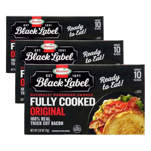 Image of HORMEL BLACK LABEL Thick Cut, Fully Cooked Bacon for Ready to Eat Meals, No Refrigeration Needed, Gluten-Free, 2.52 oz Cooked (Pack of 3)