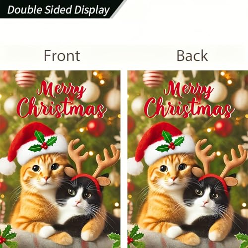 Image of BlissYard Christmas Cat Garden Flag 12x18 Inch Polyester | Double sided polyester, Christmas two cats reindeer hats design, cozy cat lover decor for holiday porch and yard