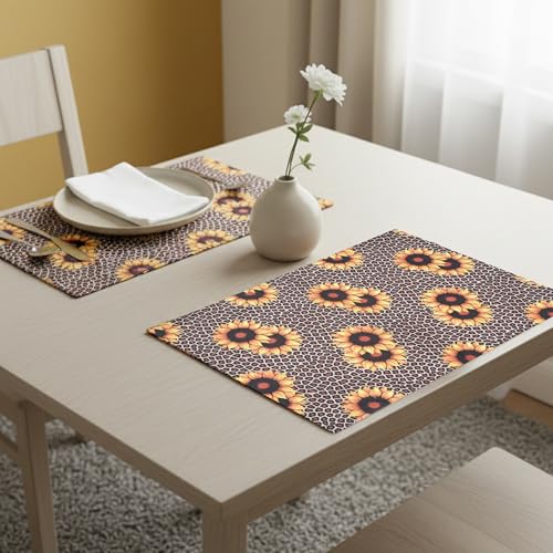 Image of Dining Table Mats Set of 2 - Sunflower Animal Print Theme,Digital Print, Washable, Indoor /Outdoor, Heat-Proof, Wipe & Clean (47X33 cm) Yellow & Brown