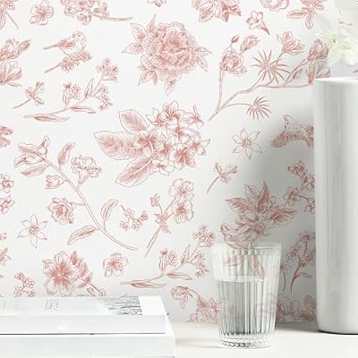 Safiyya 118"x17.3" Pink Floral Wallpaper Peel and Stick Wall Paper Removable Self Adhesive Wallpaper for Bedroom Bathroom Flowers Birds Contact Paper for Cabinets Walls Vinyl Rolls