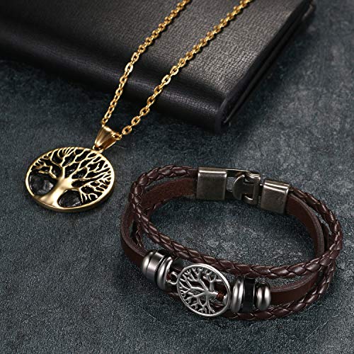 Cupimatch Men Tree Of Life Symbol Pendant Necklace Leather Bracelet, Stainless Steel 22 Inch Chian Jewelry Set (Brown) #TOP4