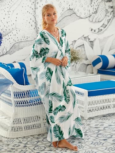 Image of IMAGEKOPE Women's Plus Size Animal Print V-Neck Batwing Kaftan Beach Dress Bathing Suit Cover-Up Loungewear