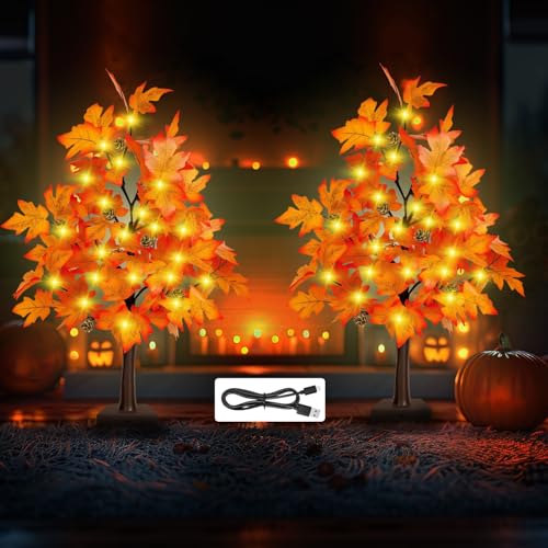 2 Pack 24 Inch Fall Decor Maple Tree - 2FT Lighted Fall Tree with 36 LED Lights, 72 Maple Leaves...