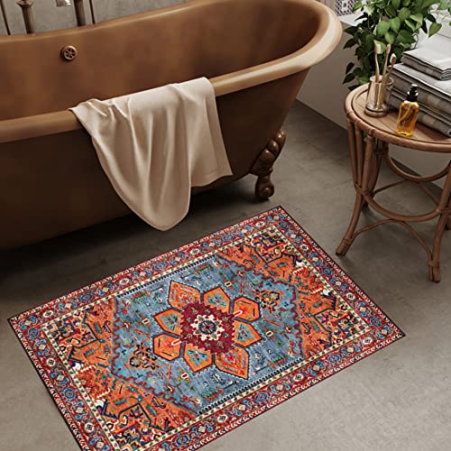 Amzali Vintage Area Rug - 2X3 Oriental Medallion Distressed Boho Small Entryway Rug Doormat Faux Wool Non-Slip Washable Throw Rug Indoor Floor Carpet For Living Room Bathroom Kitchen Doormat #TOP1