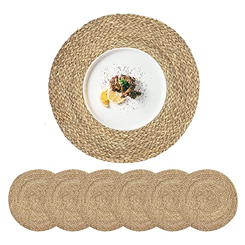 Image of Woven Placemats for Dining Table Set of 6, 100% Natural Straw, Rustic Round Placemats Farmhouse Table Mats Rattan Wicker Placemats Hand Braided Place Mats for Indoor Outdoor, 14.17 inch