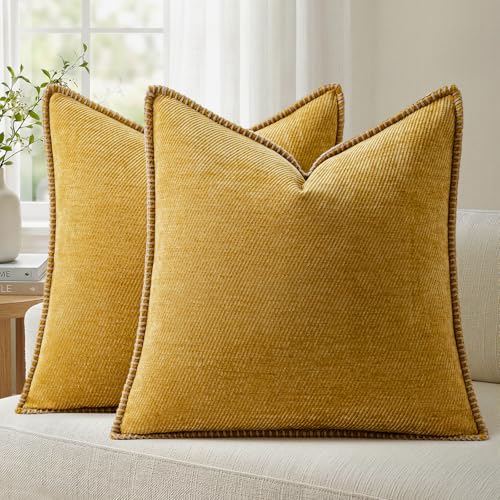 Image of a moment Pack of 2 Decorative Chenille Throw Pillow Covers with Twill Cushion Covers for Sofa Living Room Couch Bed 22x22 Inch,Crafted Border Yellow