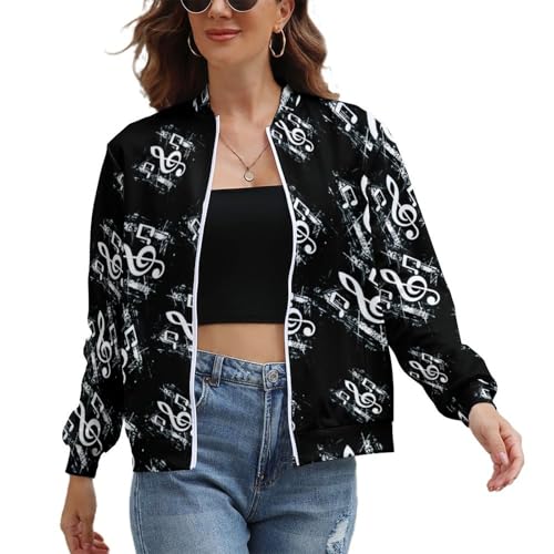 Musical Note Music Bomber Jacket Women Long Sleeve Zip Up Baseball Jacket Coat Casual Top