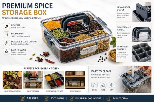 Image of MEKIT Masala box plastic With 9 Compartment | Big Kitchen Stylish Airtight Spice box Container | Transparent Organizer For kitchen storage Dabba (23x23x7cm) Classy Grey